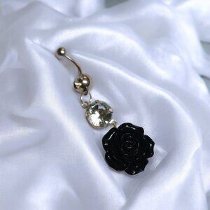 Black Rose Crystal Clear Gem Belly Ring Belly Dangle